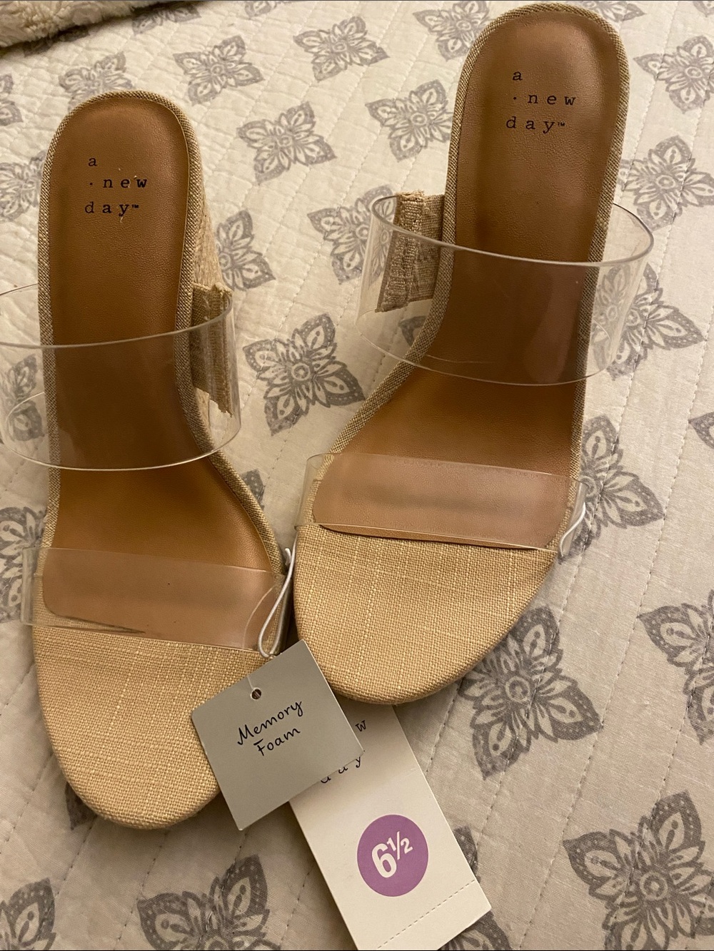 a new day Tan Beige Clear Strap Slide wedges